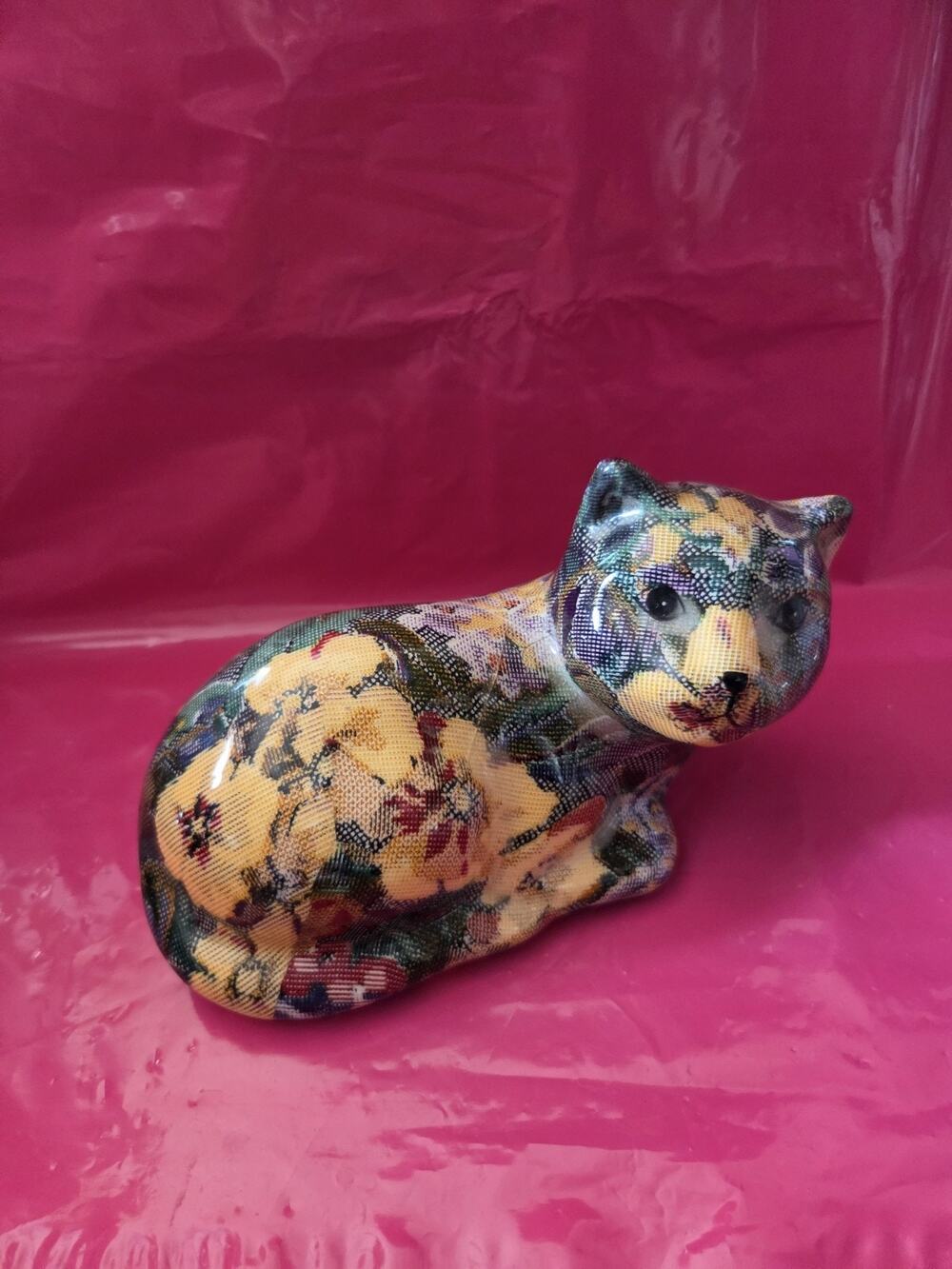 Vintage Ceramic Patchwork Cat Figurine, Decoupage Design, Covered in Flowers.